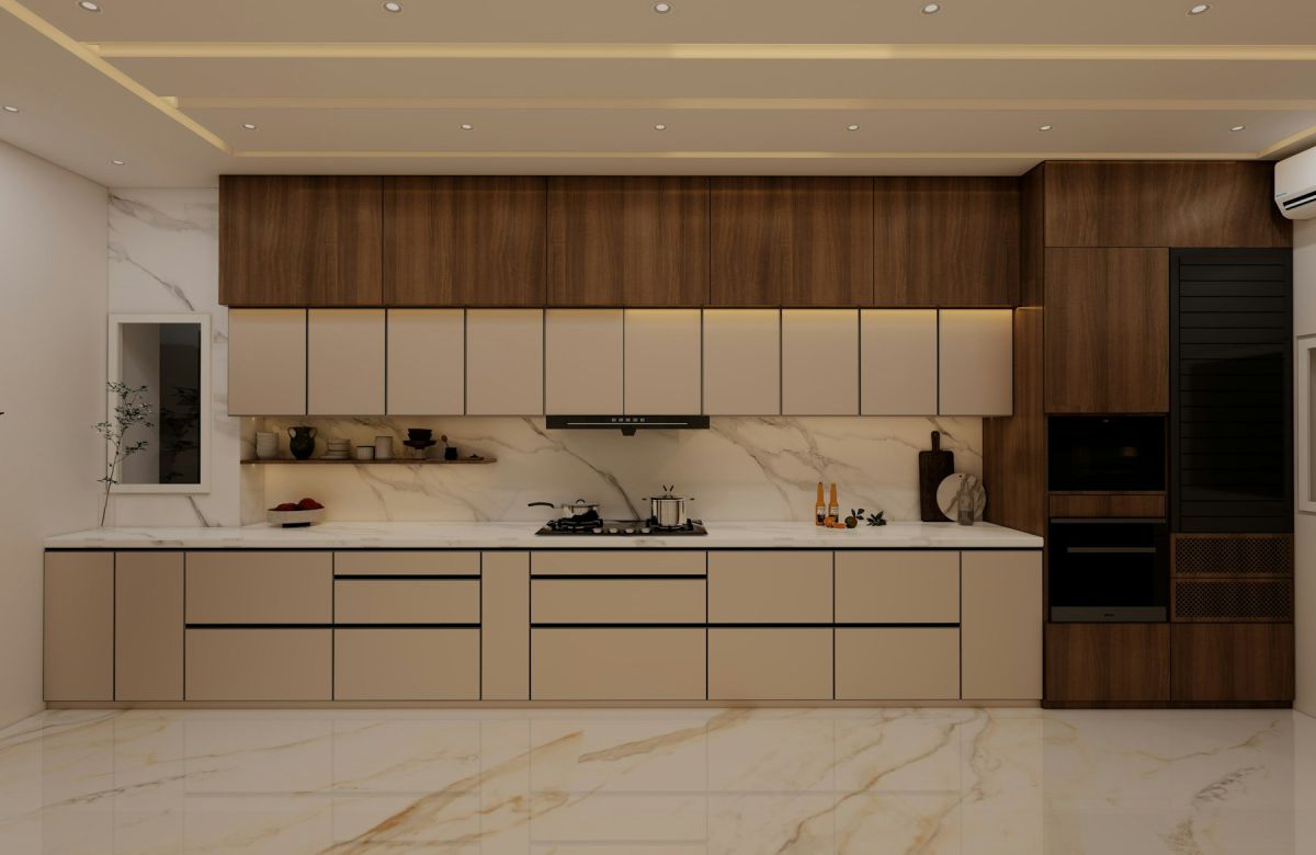 Modular kitchen with walnut and ivory cabinetry and marble flooring