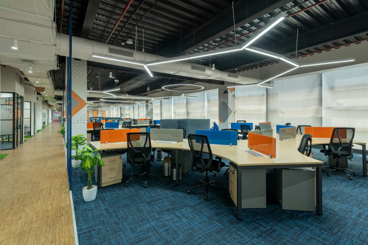 Modern Office — Open-plan office interior with workstations, blue carpet and linear lighting