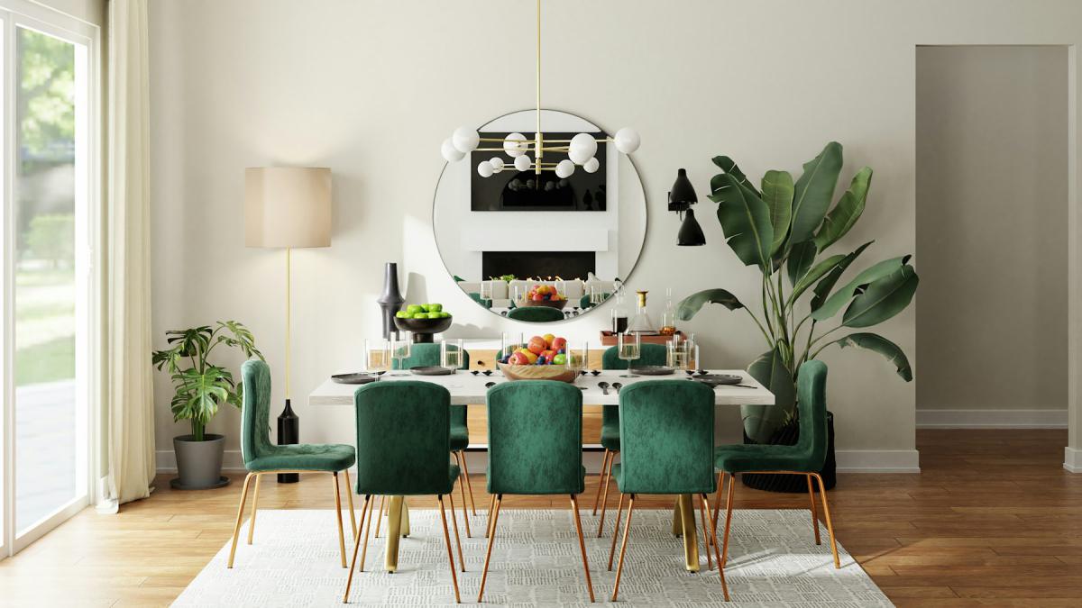 Dining room interior with statement chandelier and green velvet chairs