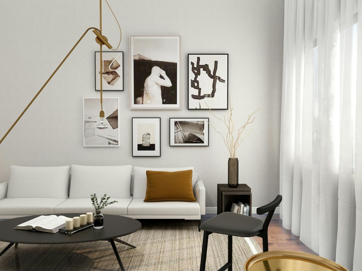 Interior styling details with curated artwork, lighting and soft furnishings
