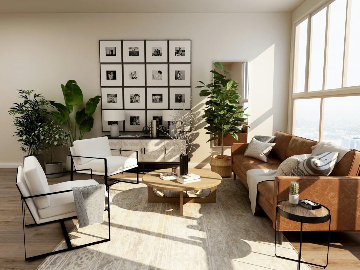 Luxury lounge interior with gallery wall, leather seating and plants Luxury lounge interior with gallery wall, leather seating and plants