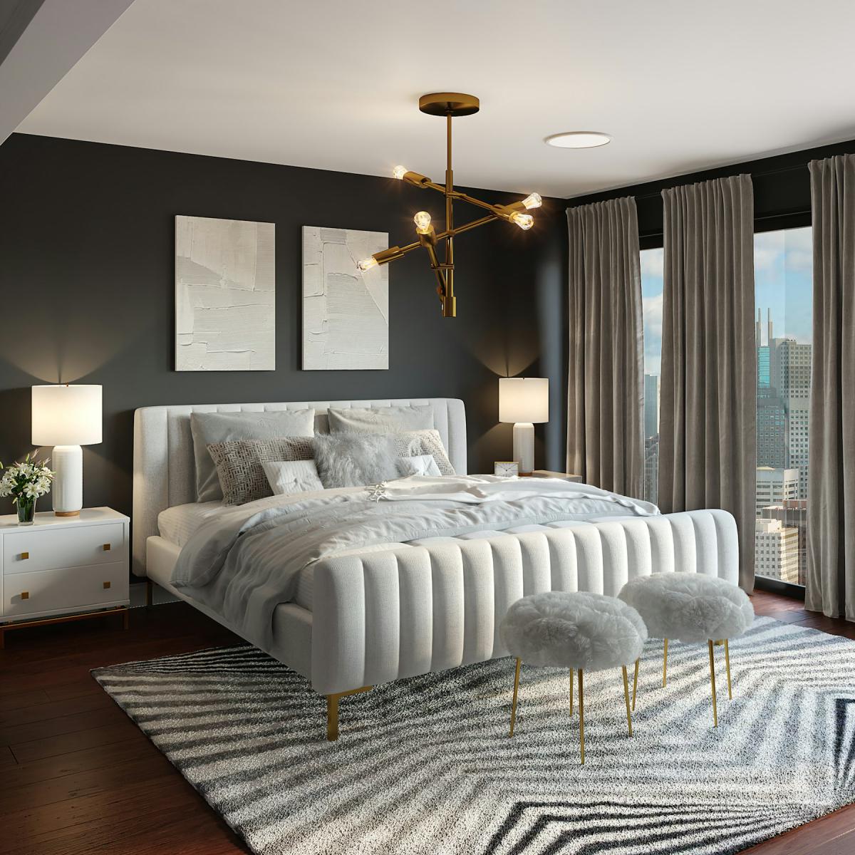 Modern bedroom interior with upholstered bed and sculptural lighting Modern bedroom interior with upholstered bed and sculptural lighting