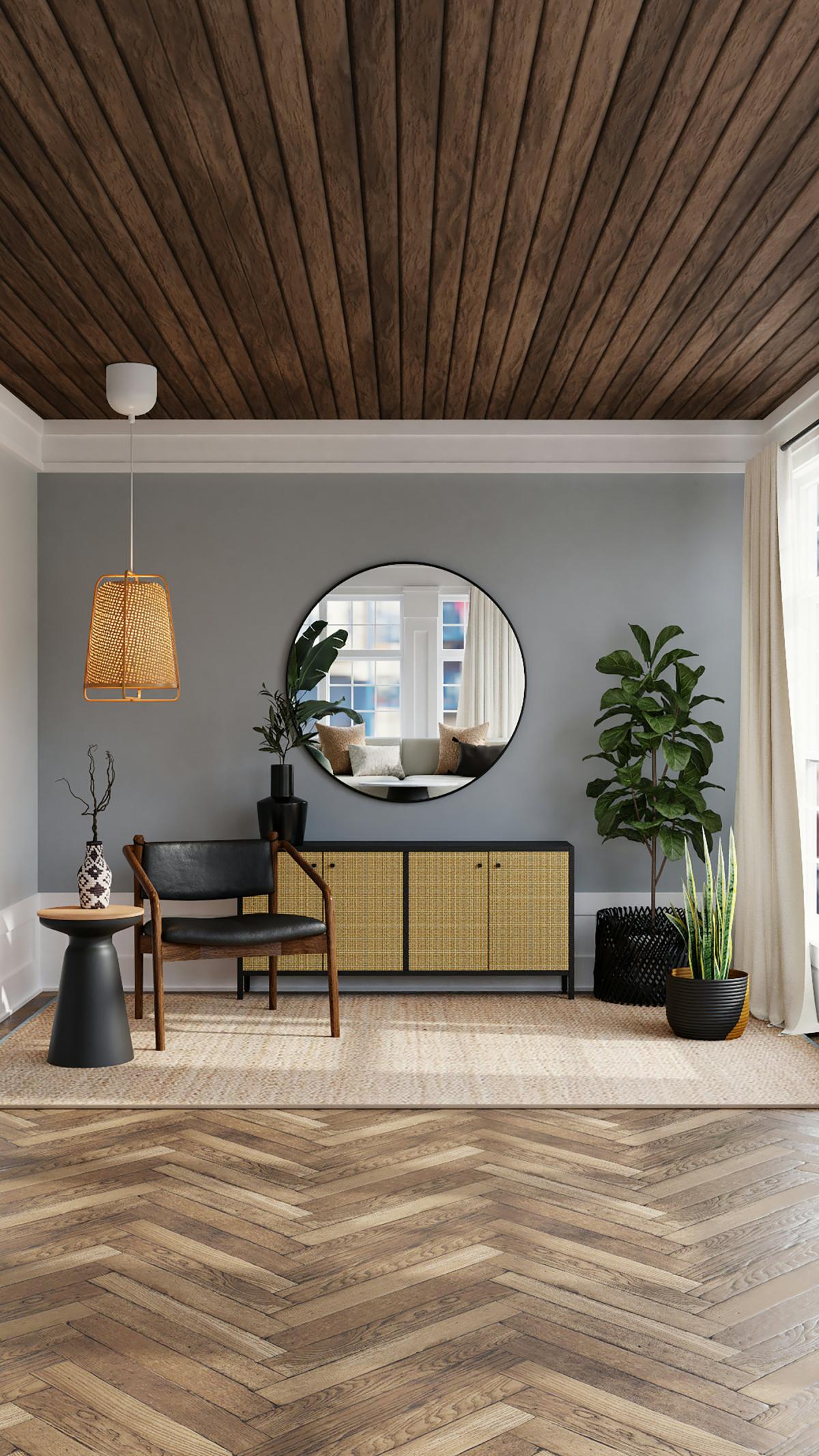 Space planning in a calm living area with defined seating and storage zones