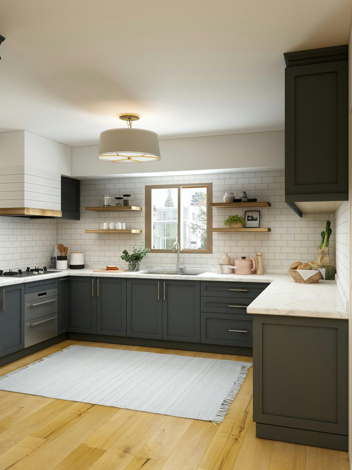 Modular Kitchen — Modular kitchen design with dark lower cabinets and open shelving Modular Kitchen — Modular kitchen design with dark lower cabinets and open shelving