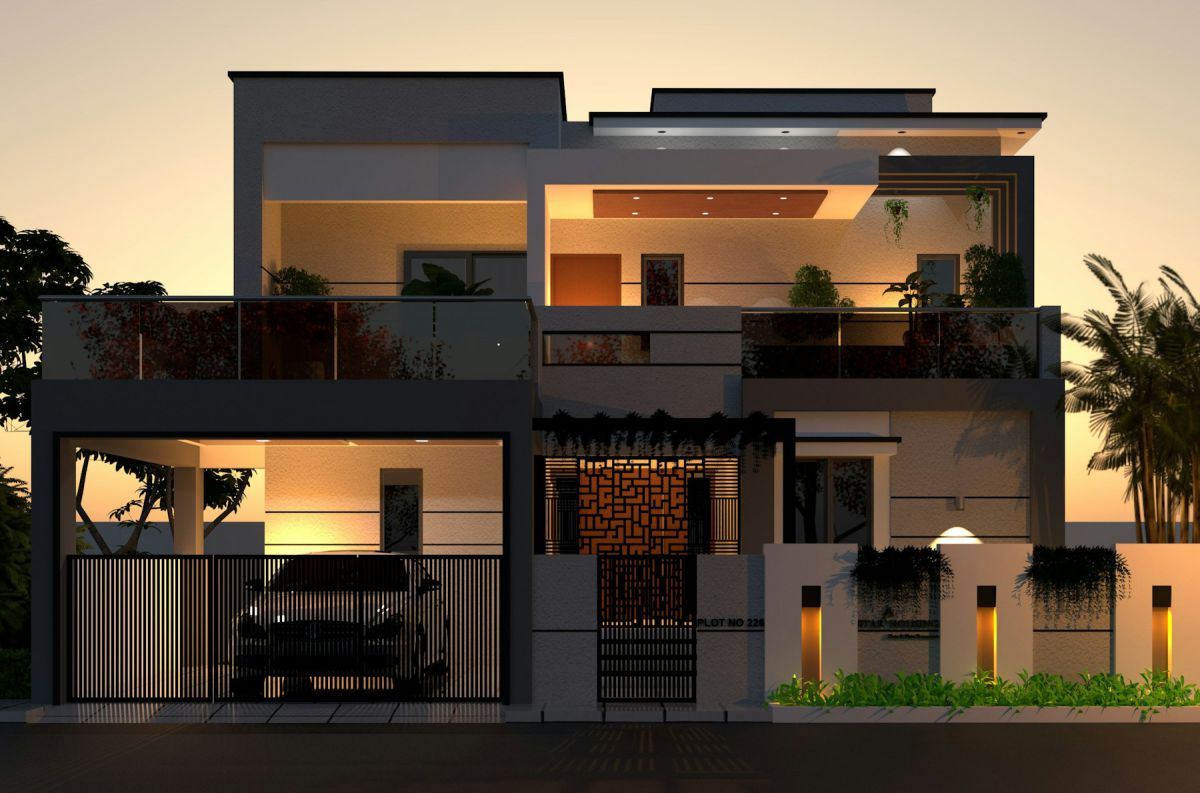 Turnkey Residence — Turnkey residence in Hyderabad with layered facade and garden lighting at dusk Turnkey Residence — Turnkey residence in Hyderabad with layered facade and garden lighting at dusk