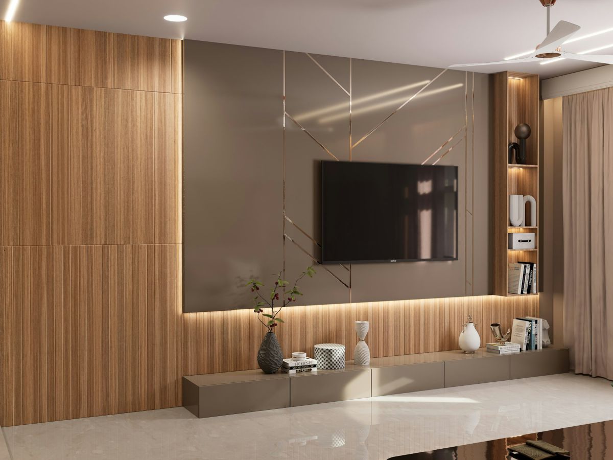 Custom wood-panelled TV wall with concealed lighting and floating console Custom wood-panelled TV wall with concealed lighting and floating console