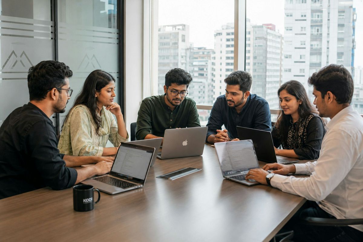 Project team meeting around a table reviewing schedules on laptops Project team meeting around a table reviewing schedules on laptops
